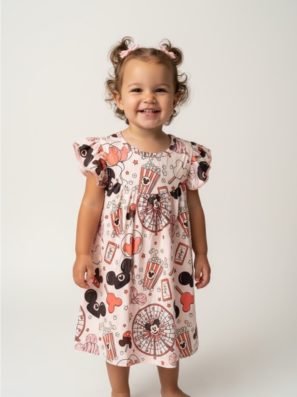 Disney inspired Pink Cartoon Print Flutter Sleeve Kids Dress